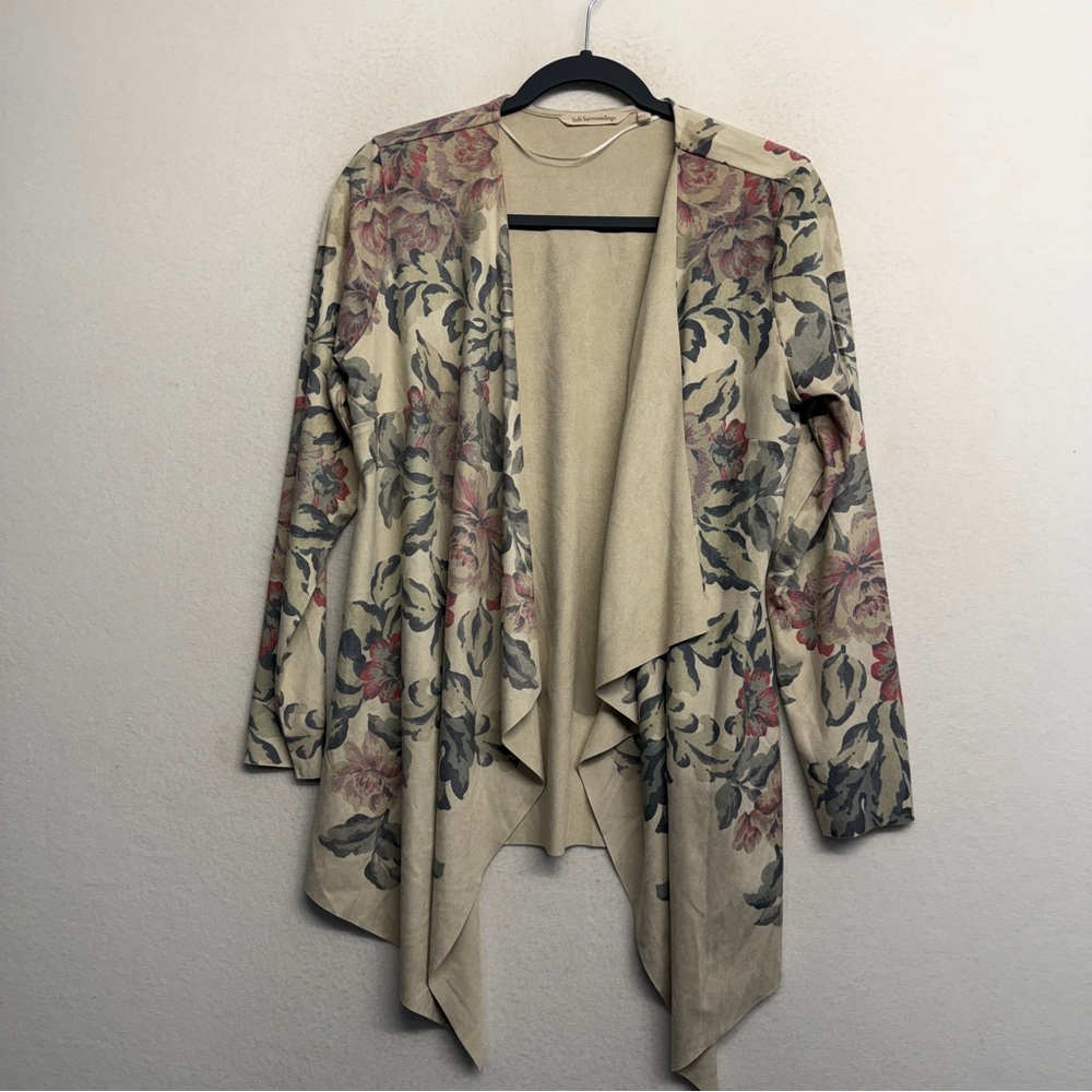 Soft Surroundings Shape Drape Faux Suede Jacket open front floral boho‎ beige S